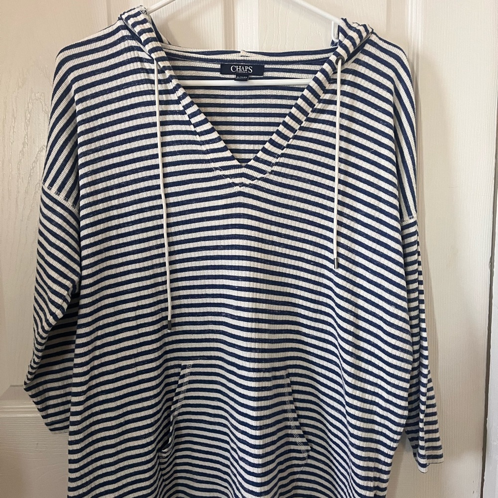 Chaps Navy and White Striped Hooded Sweatshirt